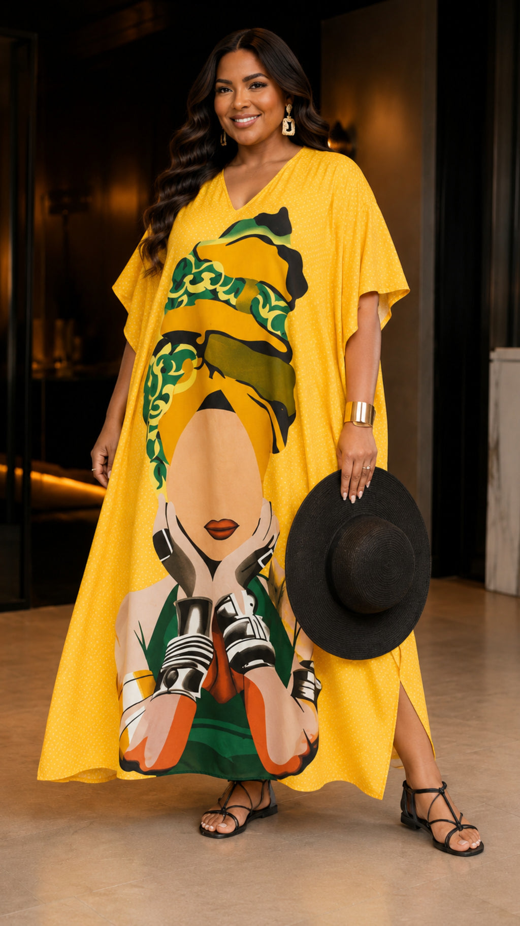 The Lady with the Wrap Yellow Kaftan Dress Lounge Wear One Size fit All S to 3XL