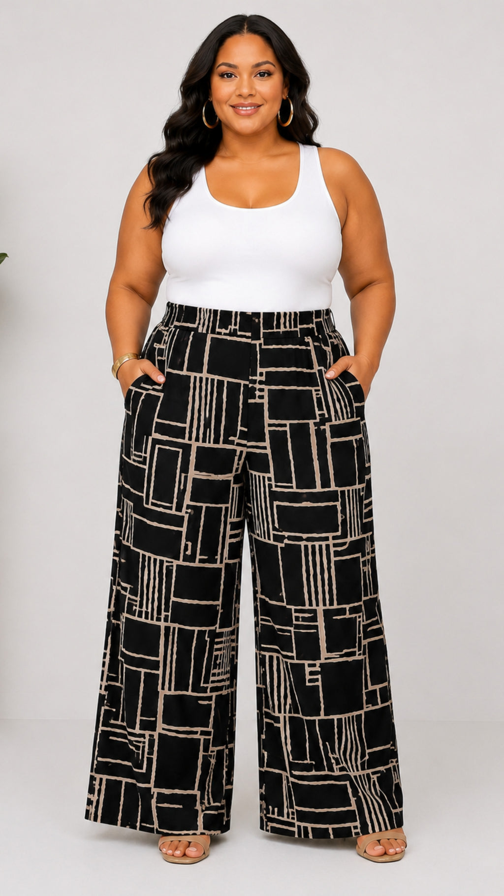 040925 Black Taupe Coloclock Print Back Elastic Boho Wild Legs Pant
