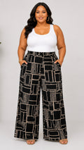 040925 Black Taupe Coloclock Print Back Elastic Boho Wild Legs Pant