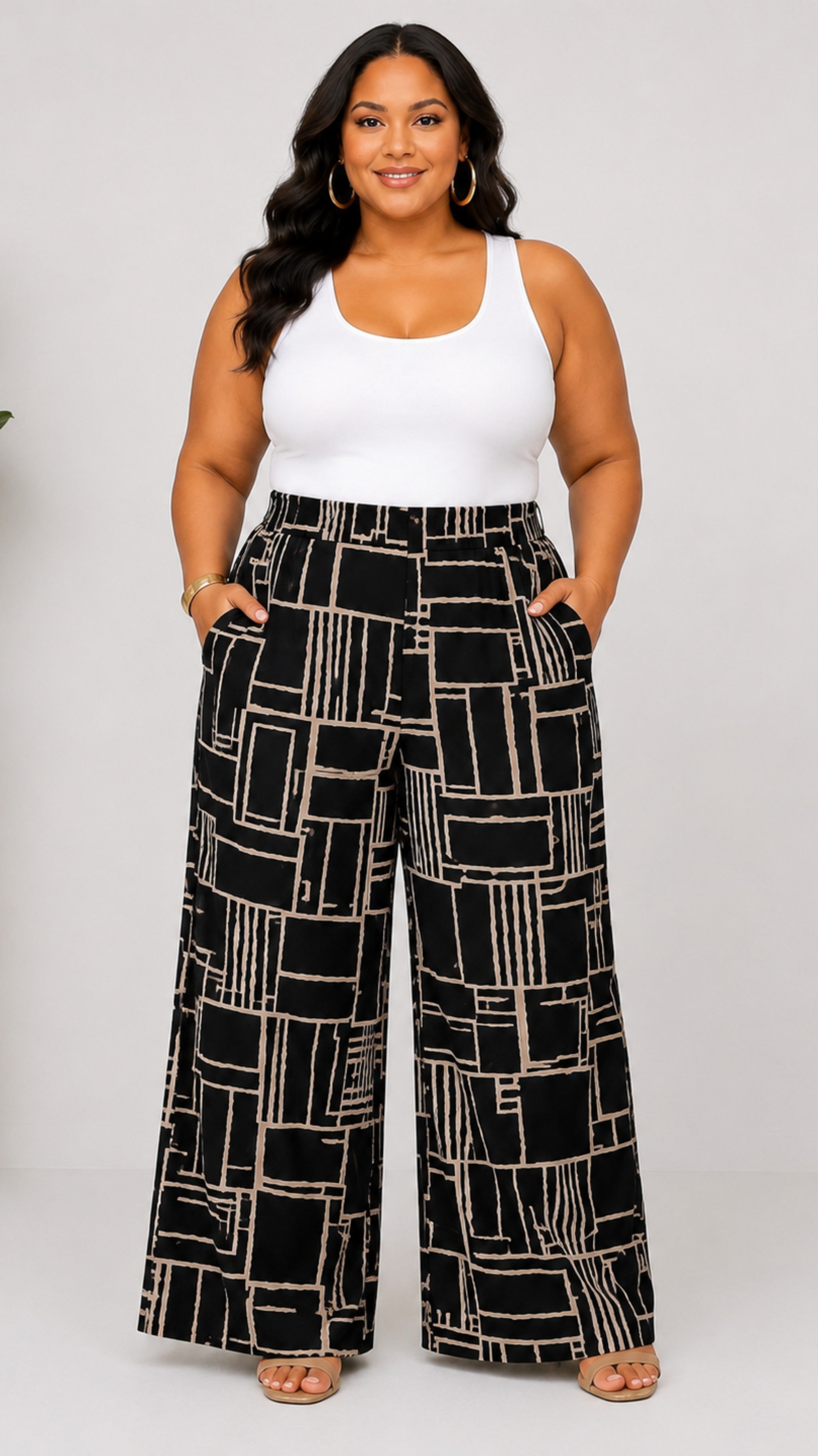 040925 Black Taupe Coloclock Print Back Elastic Boho Wild Legs Pant