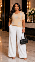 Khaki Short Sleeve Ribbed Sequins Heart Print Top