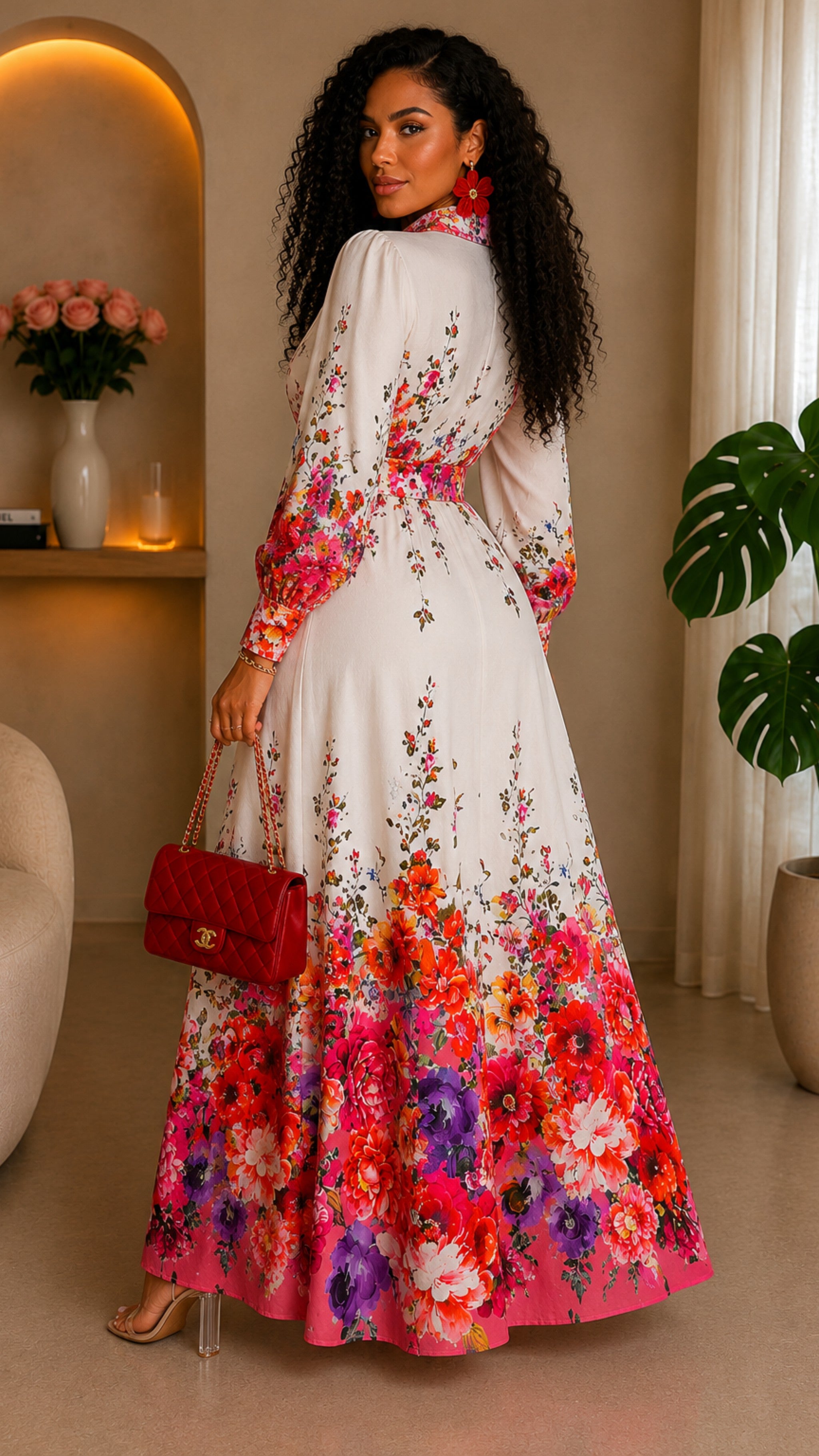 100623 Mauve Florals Garden Border Long Sleeves Button Down Maxi Dress