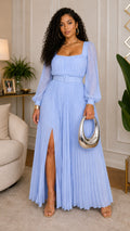 121524 Ice Blue Pleated Maxi Dress with Belt