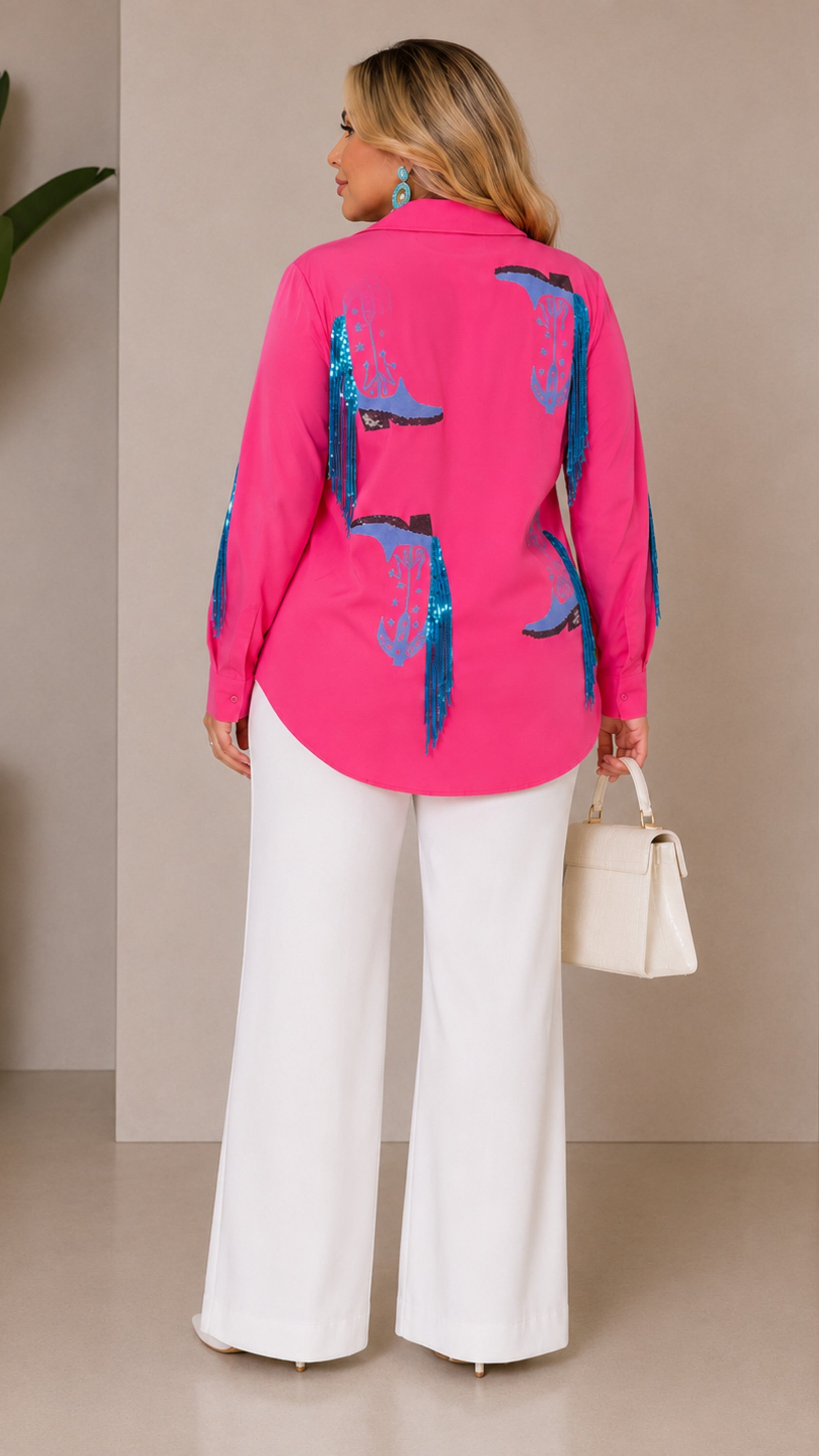 041626 Hot Pink With Blue Fringe Plus Size Long Sleeve Sleeve Button Down Sequins Top