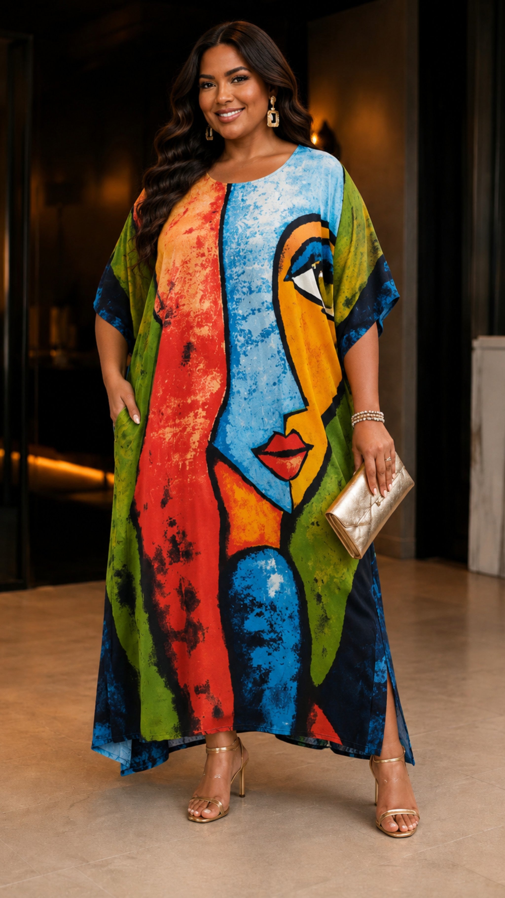 Multi Color Lady Illustration Kaftan Dress Lounge Wear One Size fit All S to 3XL