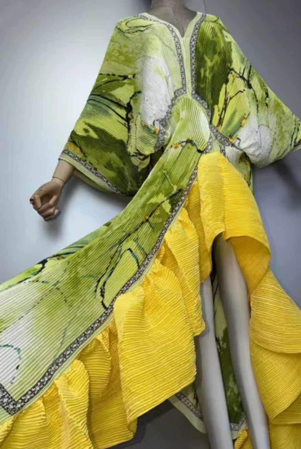 Lime Abstract Pleated Cascade-Ruffle Maxi Dress/Top