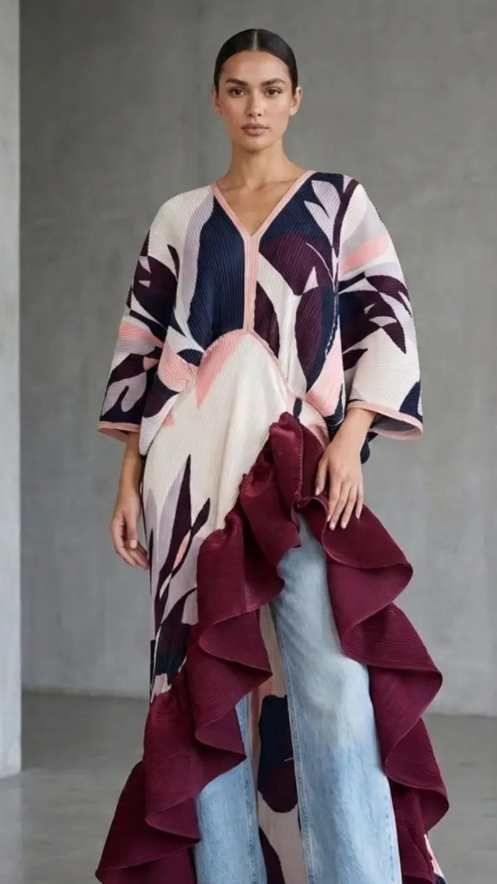 Burgundy Abstract Pleated Ruffle Maxi Dress/Top