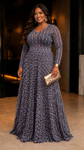 092725 The Sophisticated Geometric Print Long-Sleeve Maxi Skirt Set