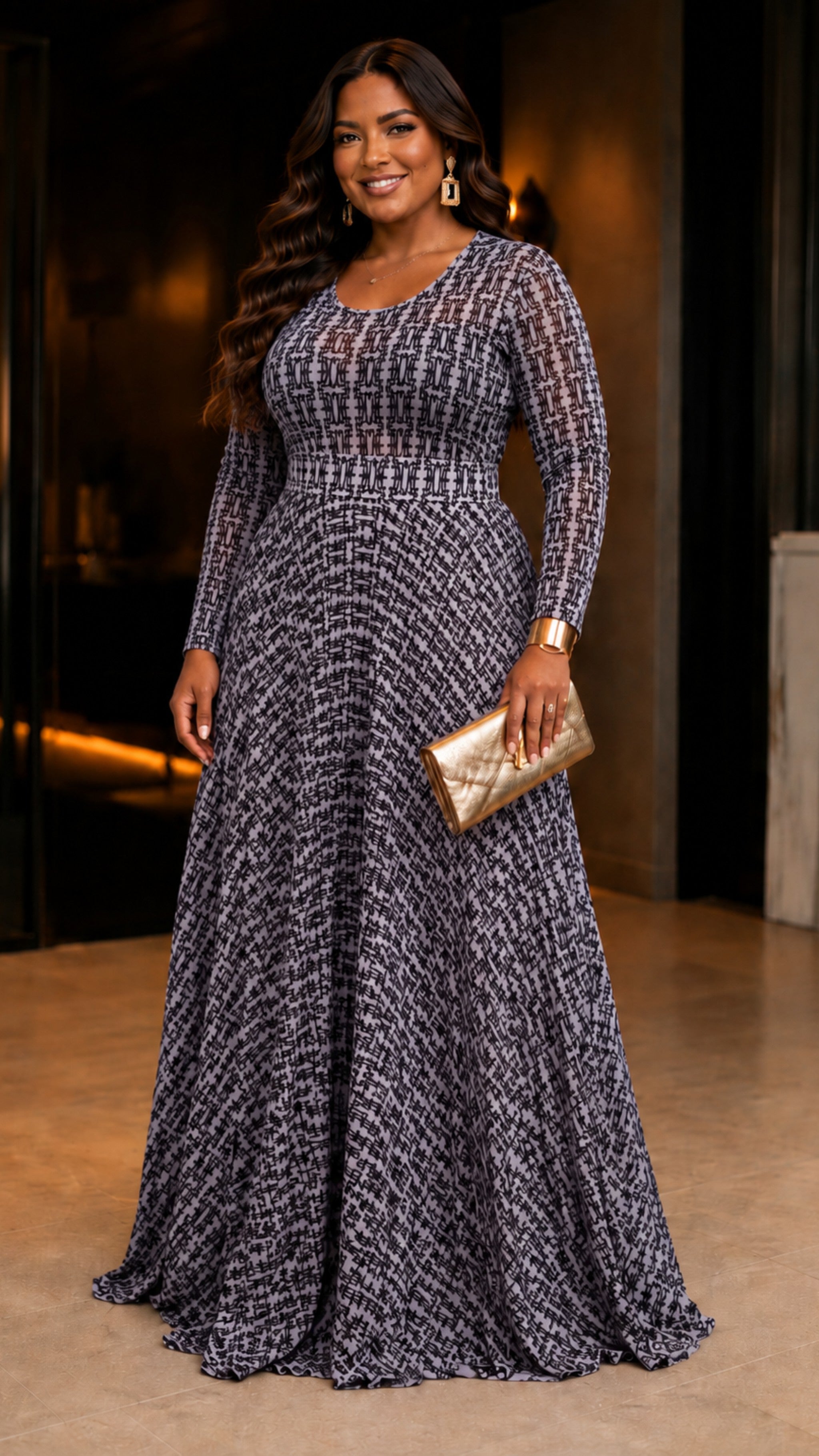 092725 The Sophisticated Geometric Print Long-Sleeve Maxi Skirt Set