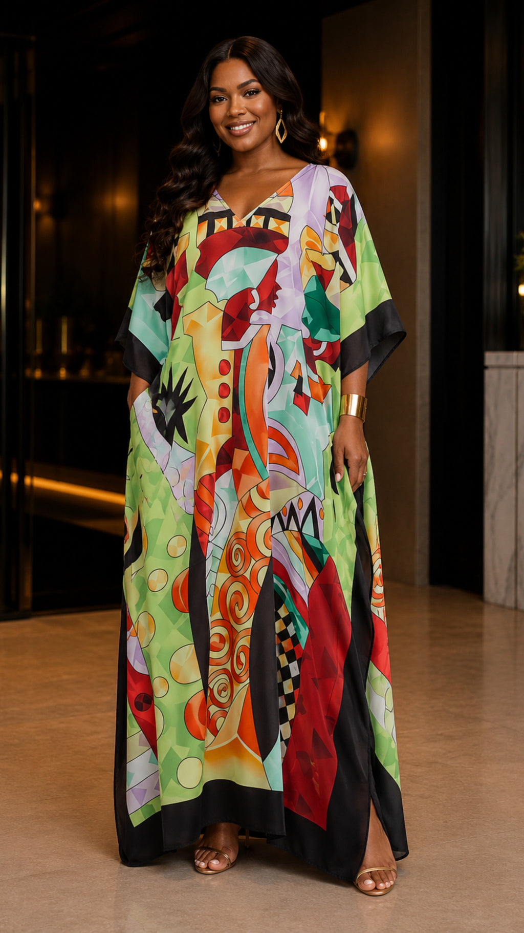 Multicolor Printed Tribal Kaftan Dress Lounge Wear One Size fit All S to 3XL