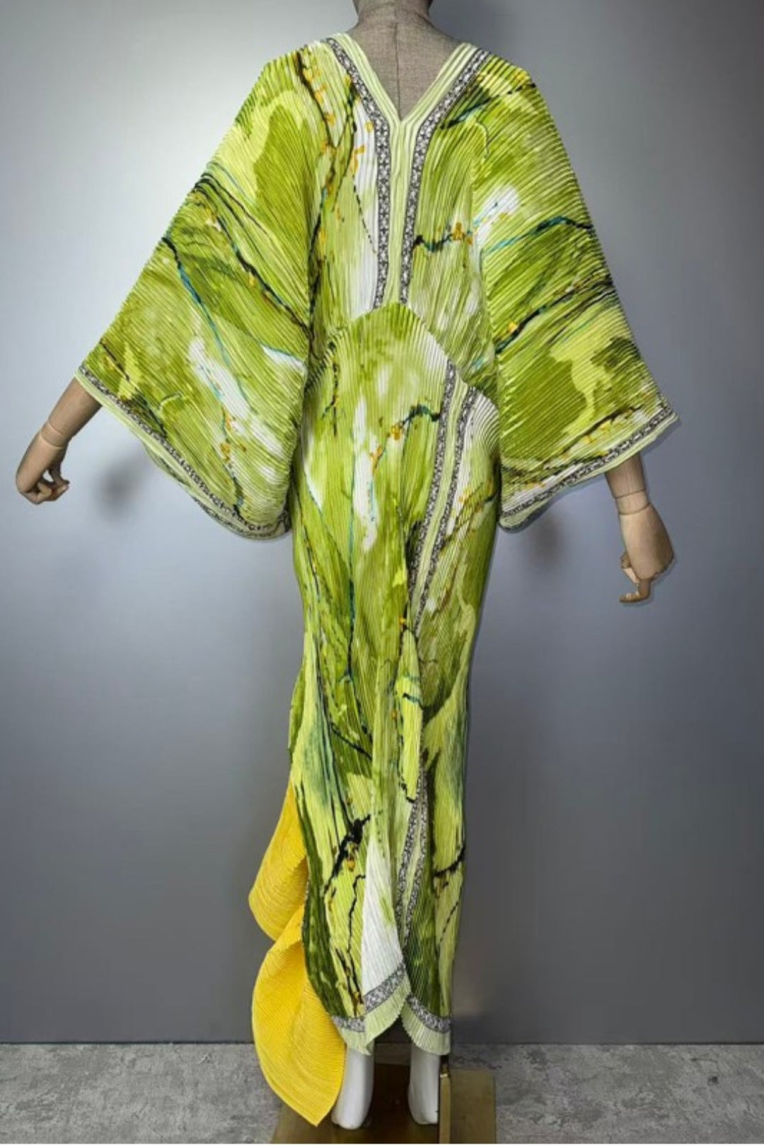 Lime Abstract Pleated Cascade-Ruffle Maxi Dress/Top