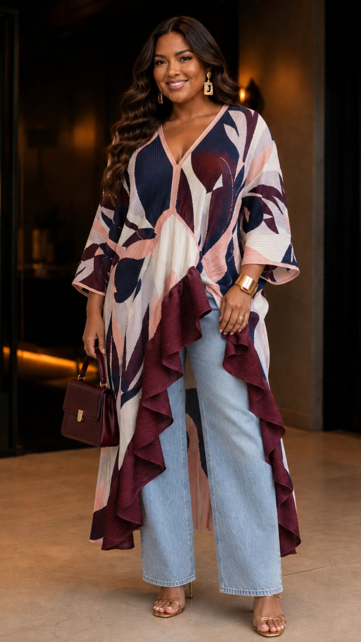Burgundy Abstract Pleated Ruffle Maxi Dress/Top