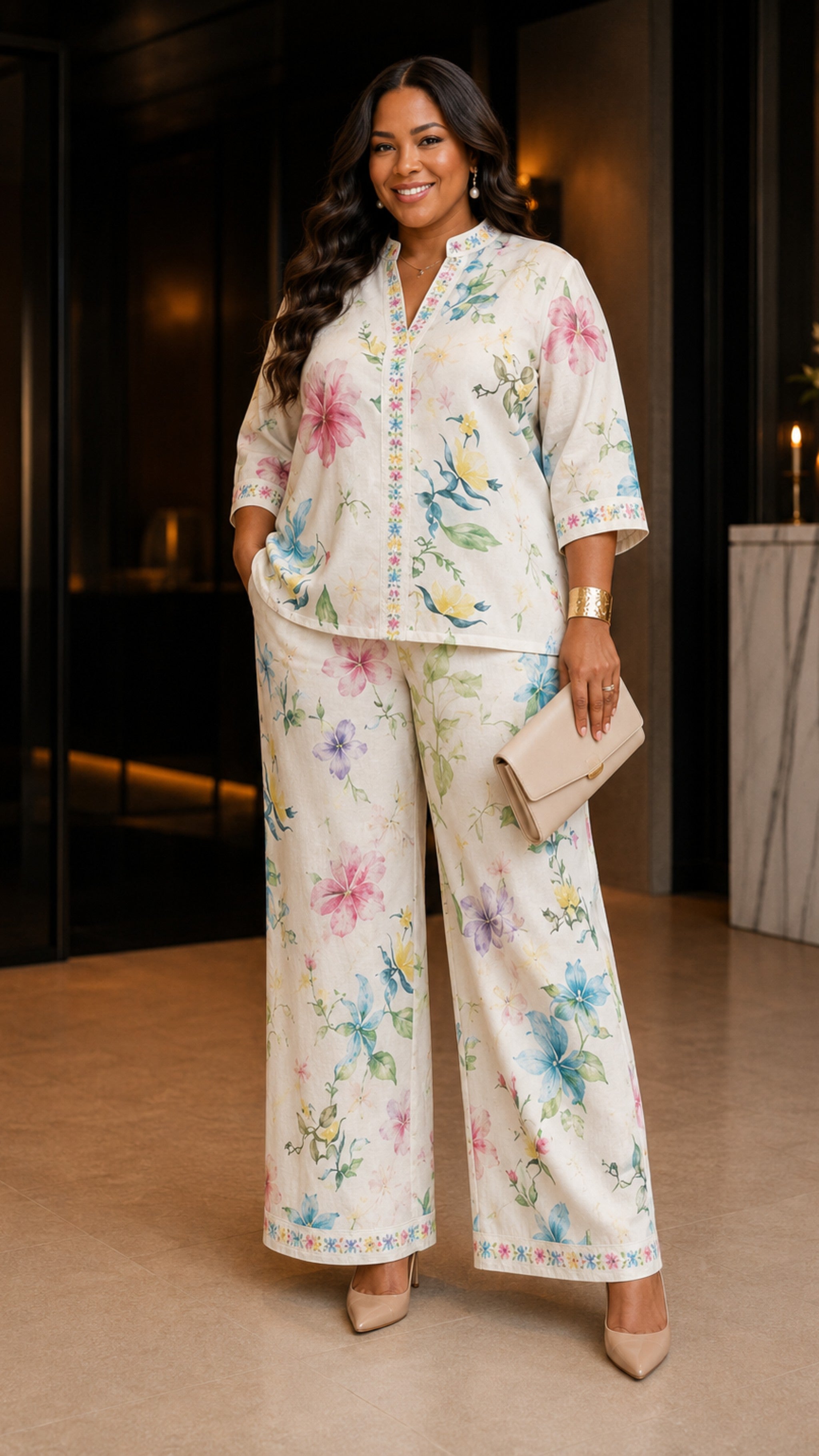 052525 The Beige Botanical Breeze Two-piece Pants Set- Preorder
