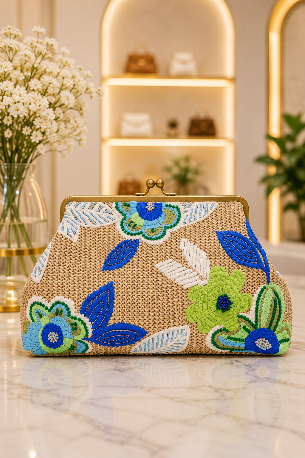 Grace Raffia Oversized Floral Embroidered Kiss Lock  Clutch- Cool Lagoon