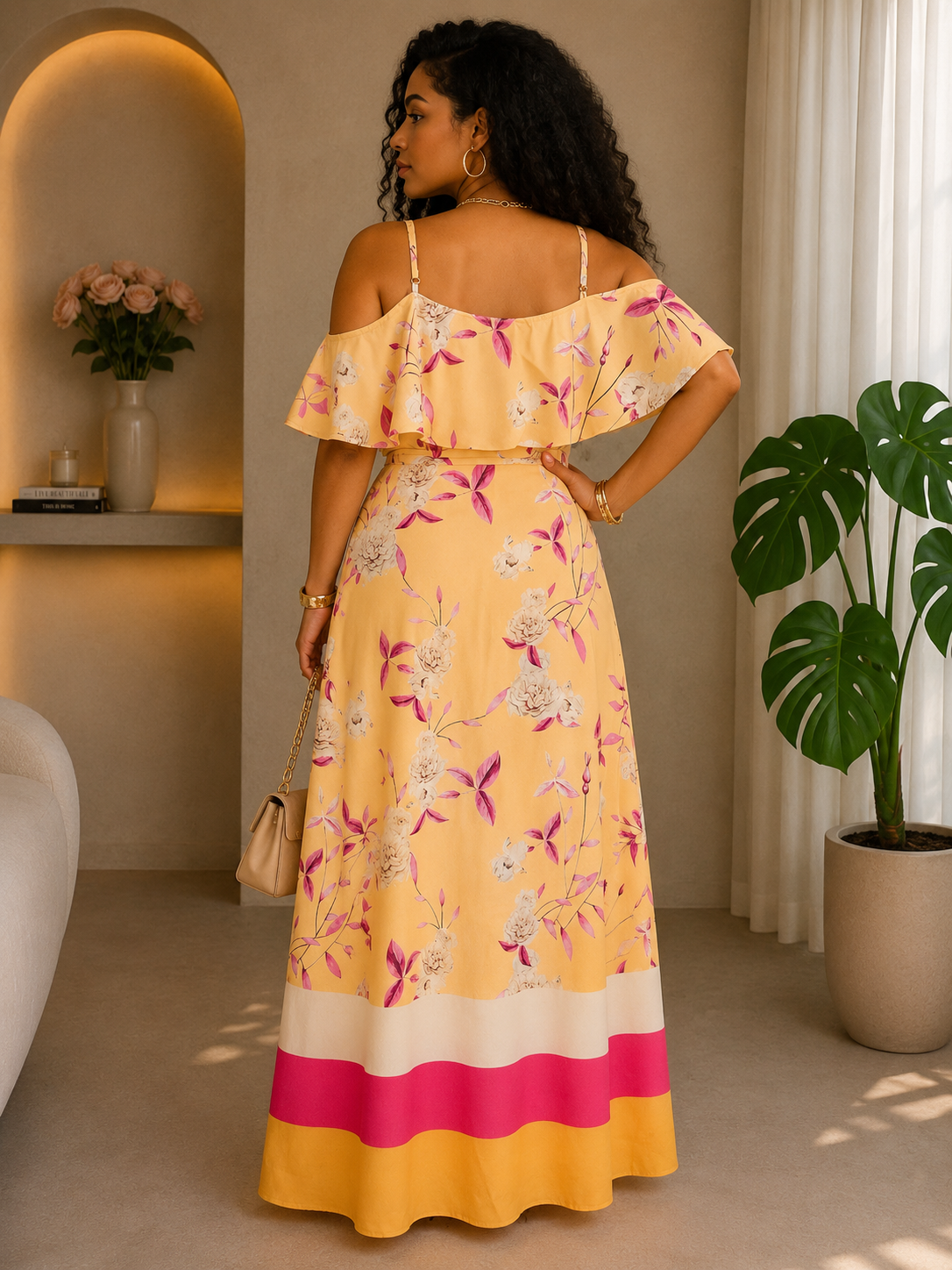 050125 The Yellow & Pink  Florals Print Maxi Skirt with Crop Top