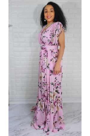 Pink Floral Chiffon Ruched Sleeve Detail V Neck Ruffled Maxi Dress