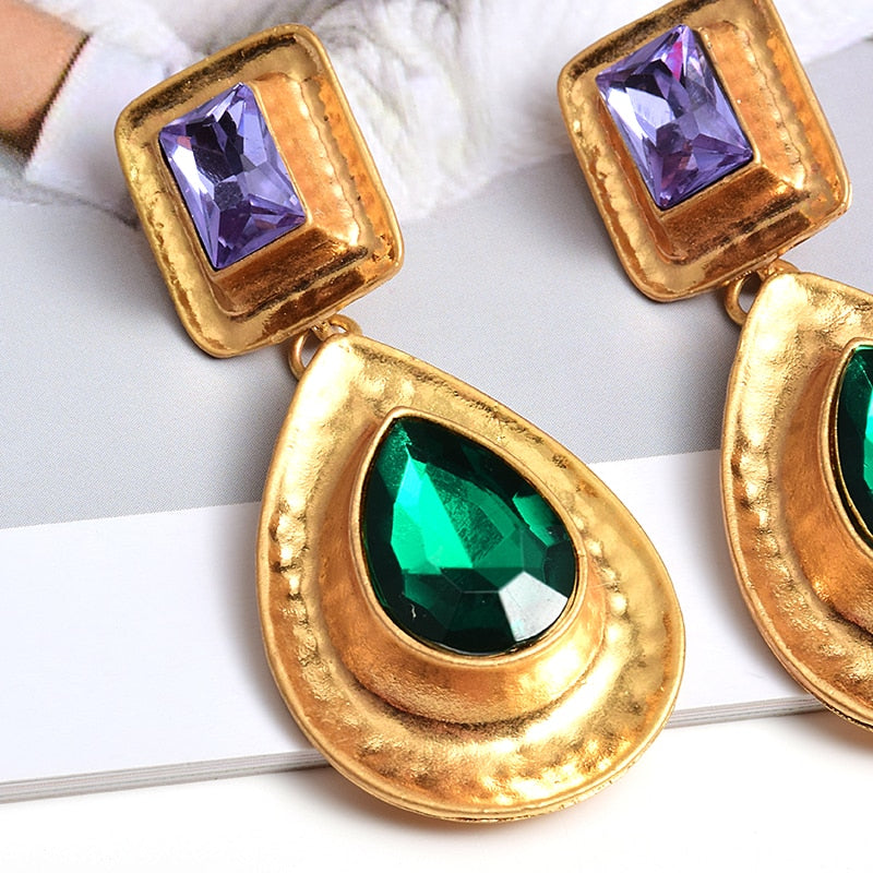 11192021 Purple Green Gold RHINSTONE Square w Ovals Earrings