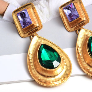 11192021 Purple Green Gold RHINSTONE Square w Ovals Earrings