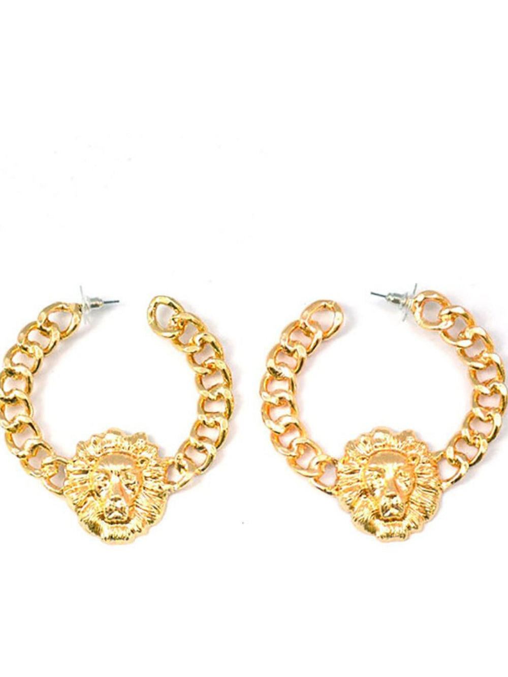 Gold Heavy Lion Head Stud Big Chain Earrings