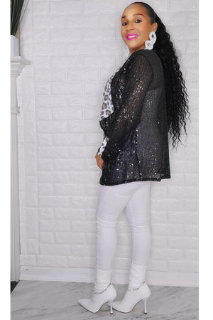 121622 Black Leopard Contrast Sequins Cardigan
