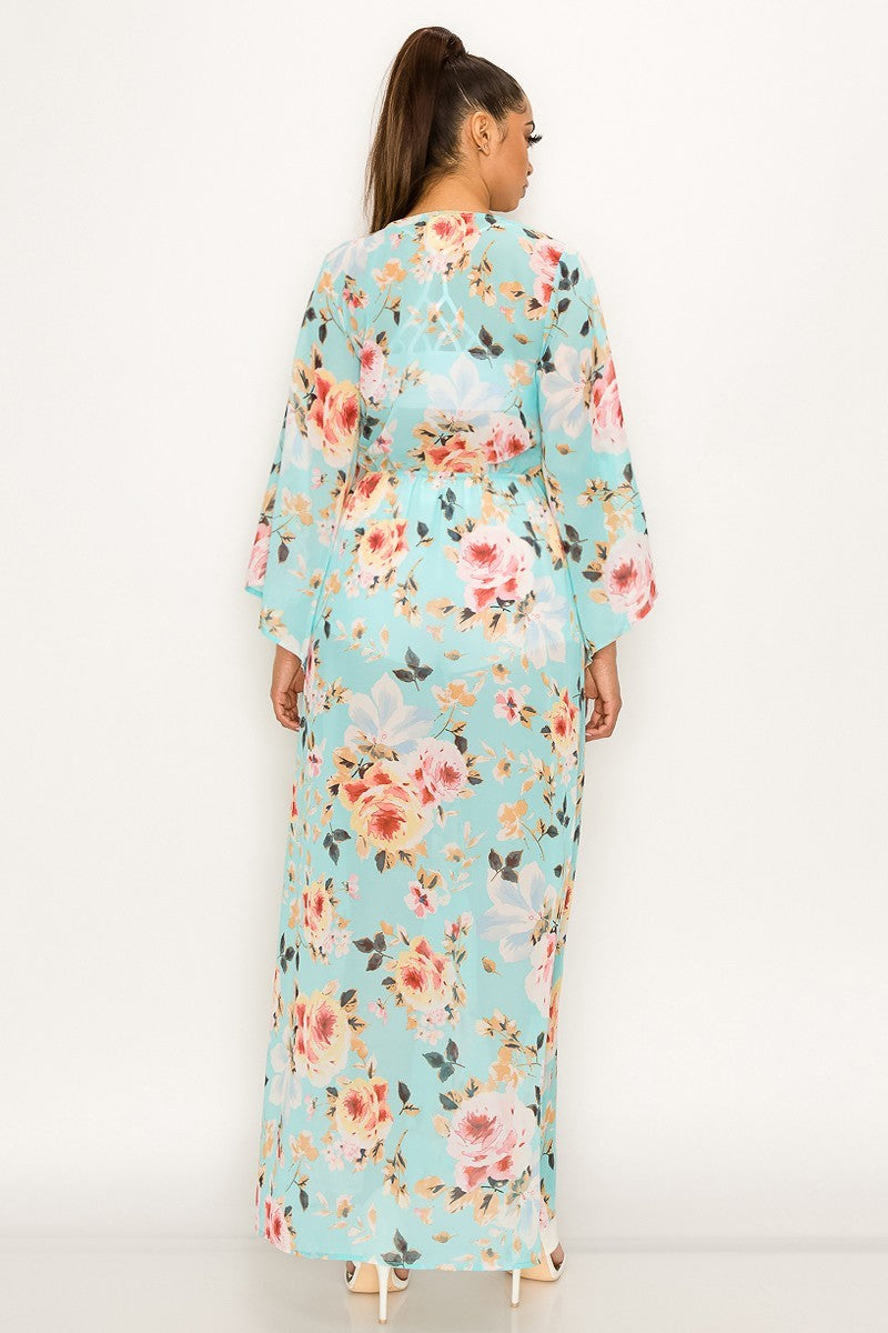 Aqua Floral Print Tie-Front Duster