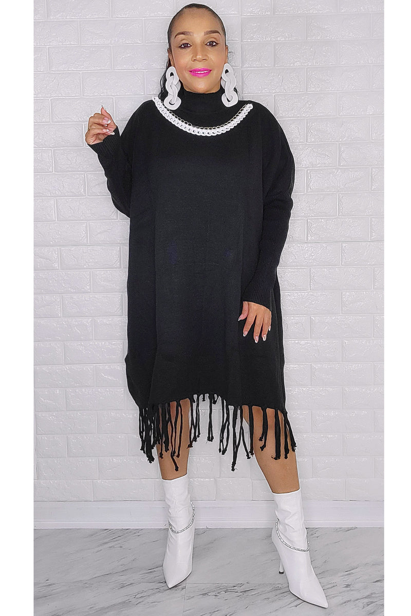 120722 The Black Cute little Fringe Sweater Dress/Top with White Line