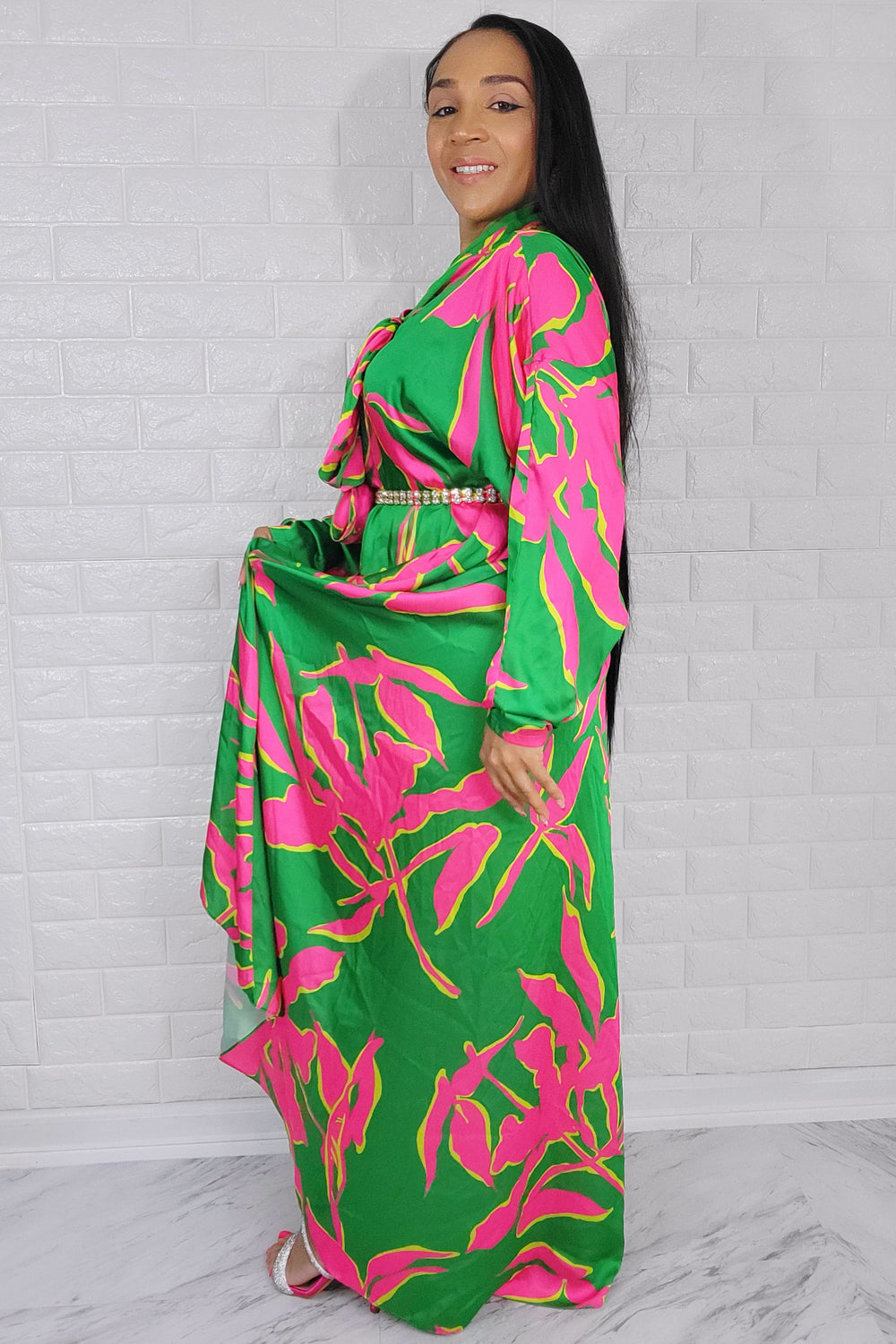 05182022 Green & Pink High Low Oversized Long Sleeve Dress
