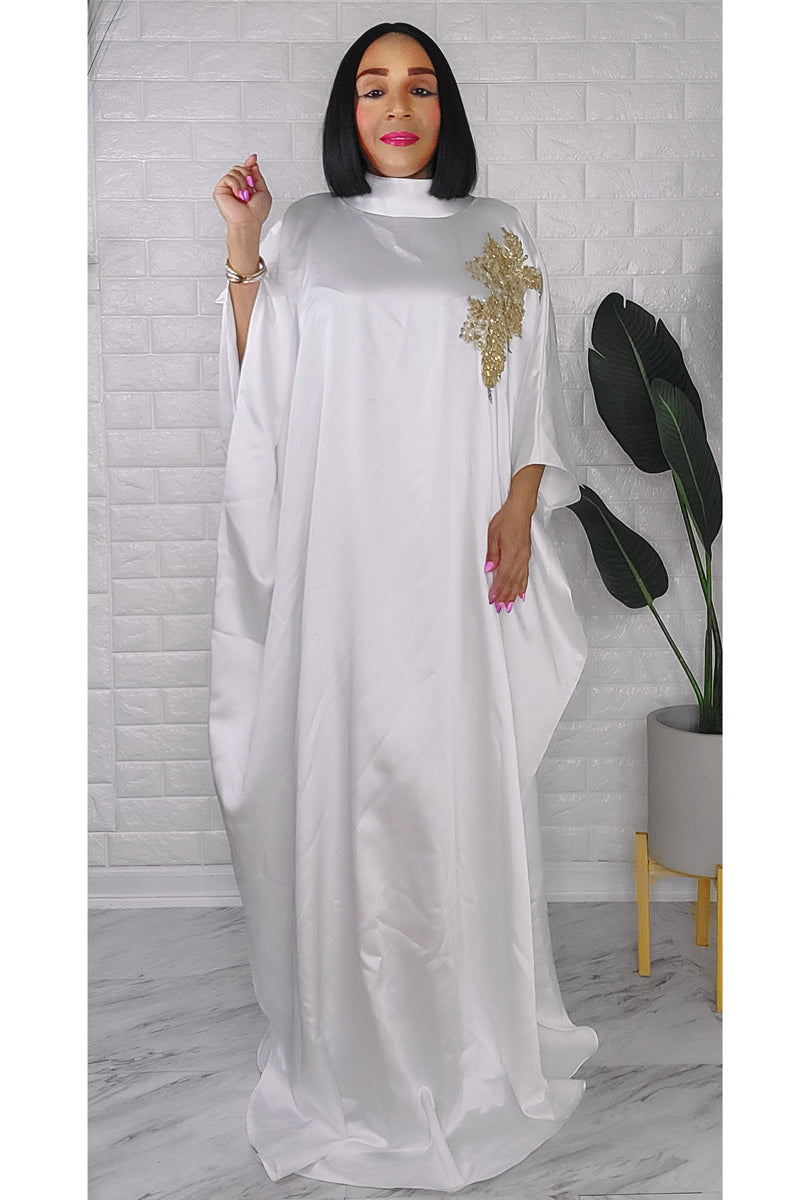 032623 The White Satin Royalty Maxi Dress/Caftan with Gold Broderie