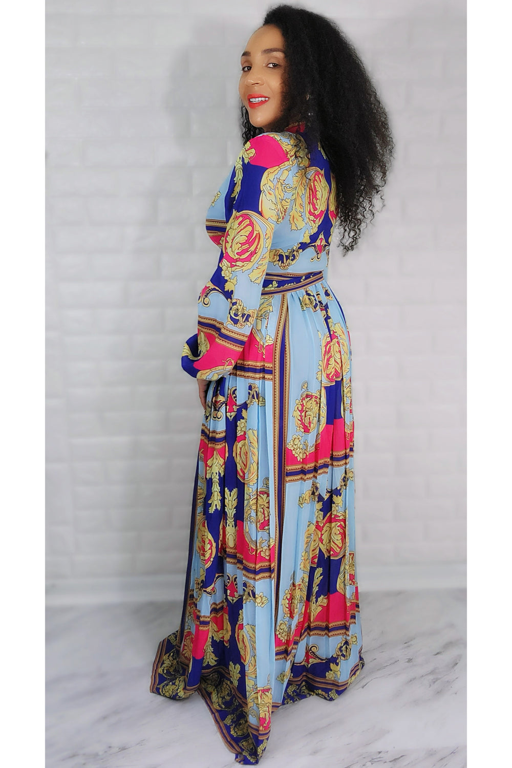 04292022 Pink/Blue Inspired Print Maxi dress