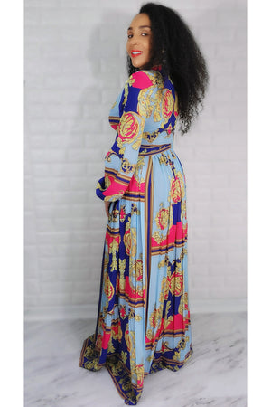 04292022 Pink/Blue Inspired Print Maxi dress