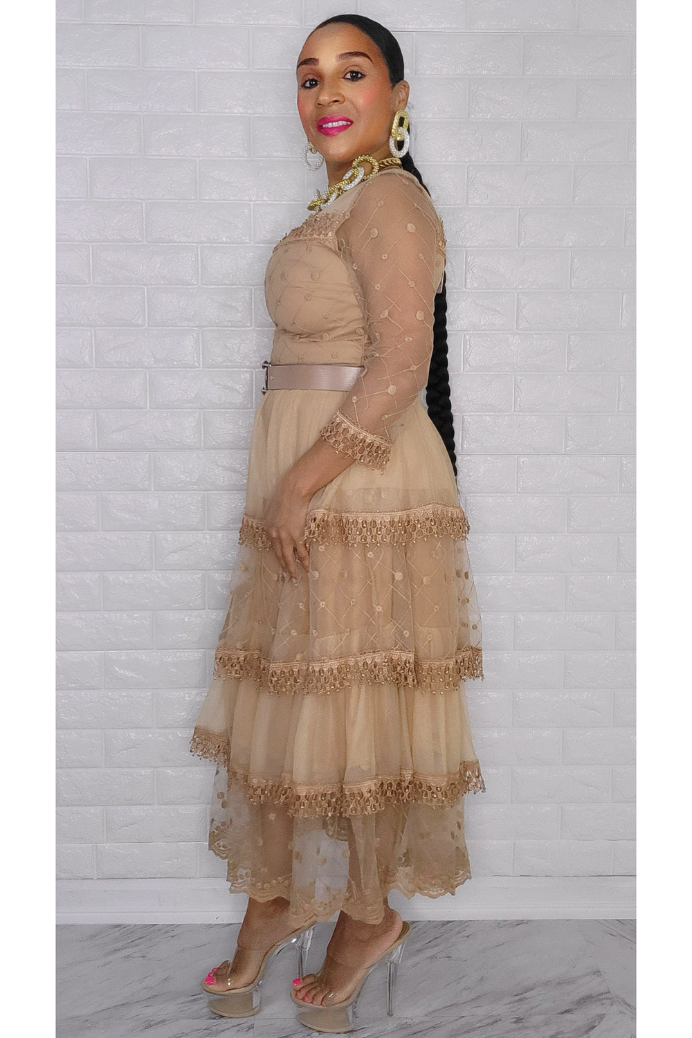 012423 The Beige Lace Ruffle Midi Dress with Belt