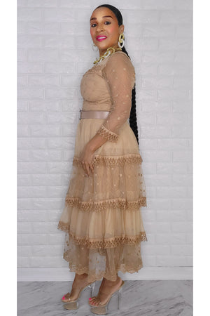 012423 The Beige Lace Ruffle Midi Dress with Belt