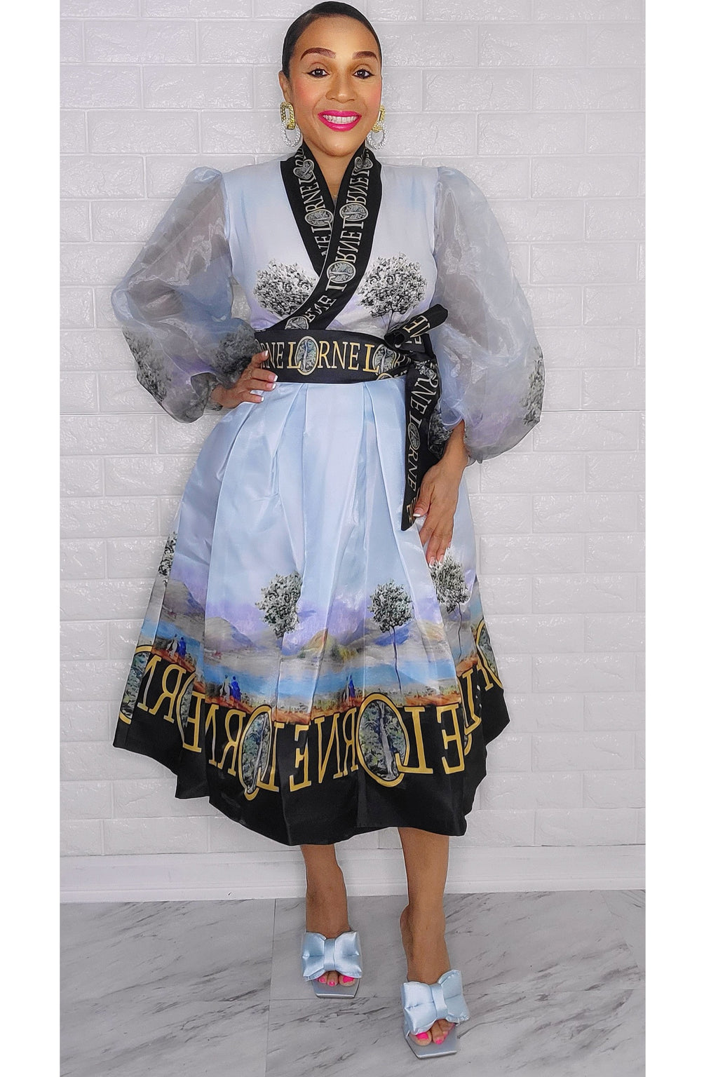 021223 The light Blue French Plain Print Wrap Short Dress