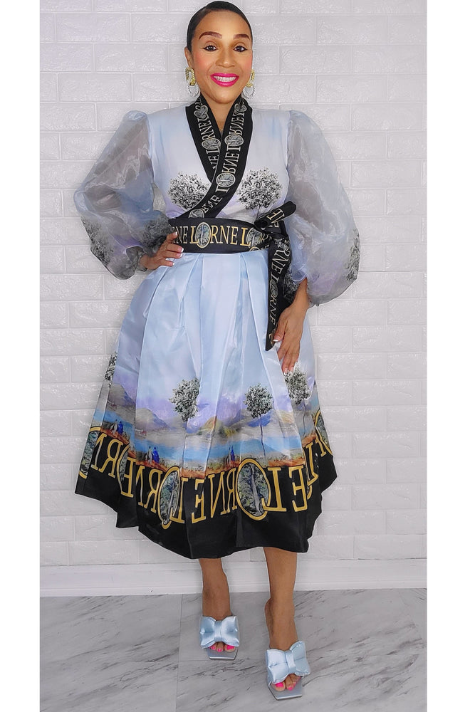 021223 The light Blue French Plain Print Wrap Short Dress