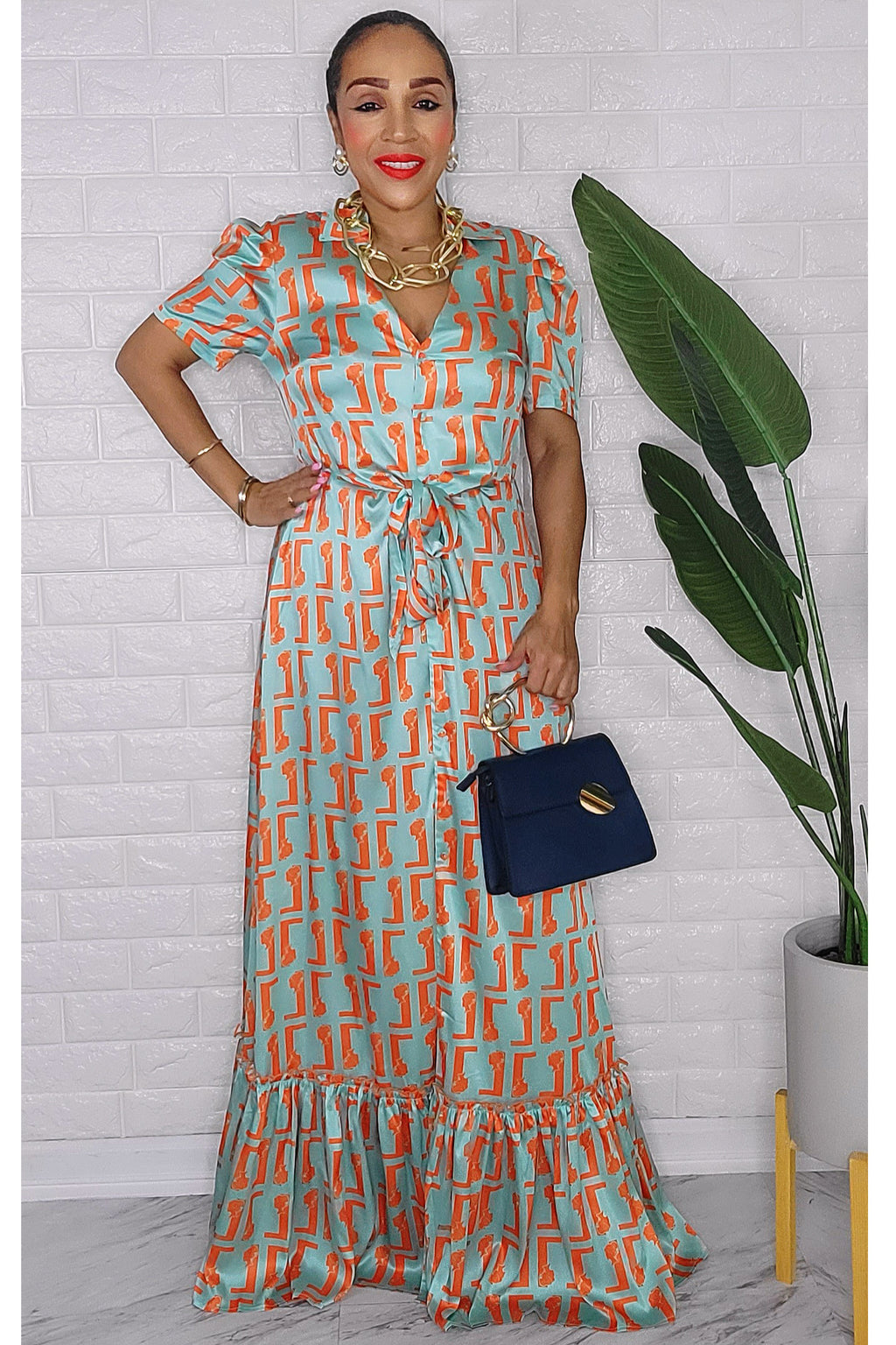 020123 Orange Emerald Monogram Maxi Dress