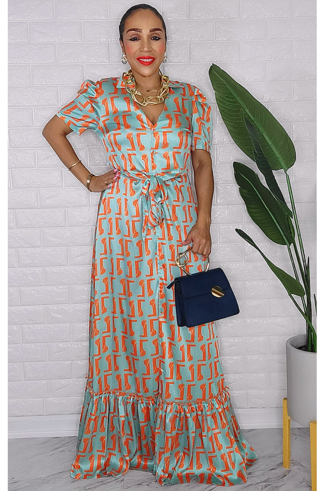 020123 Orange Emerald Monogram Maxi Dress