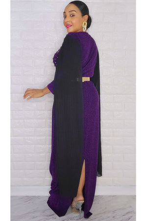110522  Miss Extra Long Sheer Sleeve Purple Dress