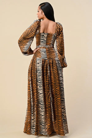 092722 Brown Belted Animal Print Maxi Dress w Split On the Side