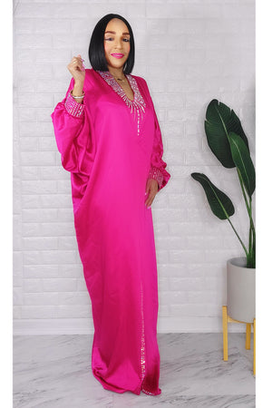 032223 The Fuschia V Crystal Neckline Maxi Dress