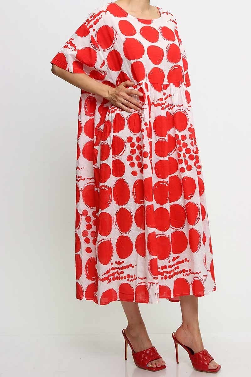 White/Red Polka Dot 1/2 Sleeve Midi Overflow Dress ONE SIZE FIT ALL(S to 2XL)
