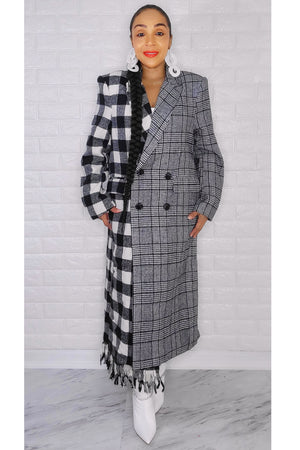 111922 Black and White Contrast Plaid Color Block Fringe Coat