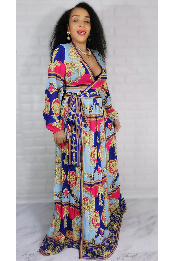 04292022 Pink/Blue Inspired Print Maxi dress