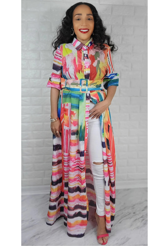04192022 Colorful Tie dye Lantern Sleeves Maxi Dresses/Duster