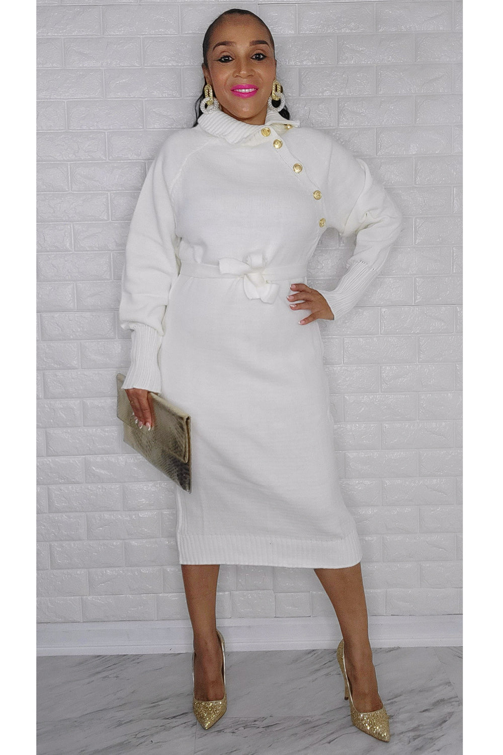 122922 The White with Gold Bottons Belted Sweater Dress One Size Fit 122922 The White with Gold Bottons Belted Sweater Dress One Size Fit