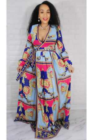 04292022 Pink/Blue Inspired Print Maxi dress