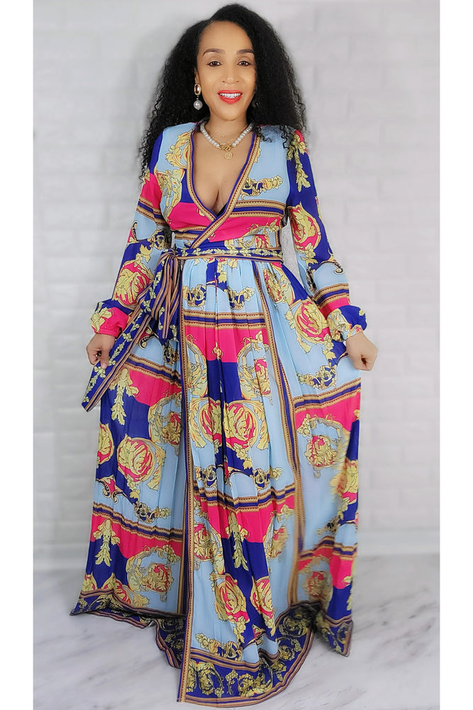 04292022 Pink/Blue Inspired Print Maxi dress