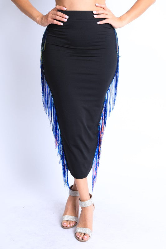 11122021 Black Sequins Fringe Maxi Skirt