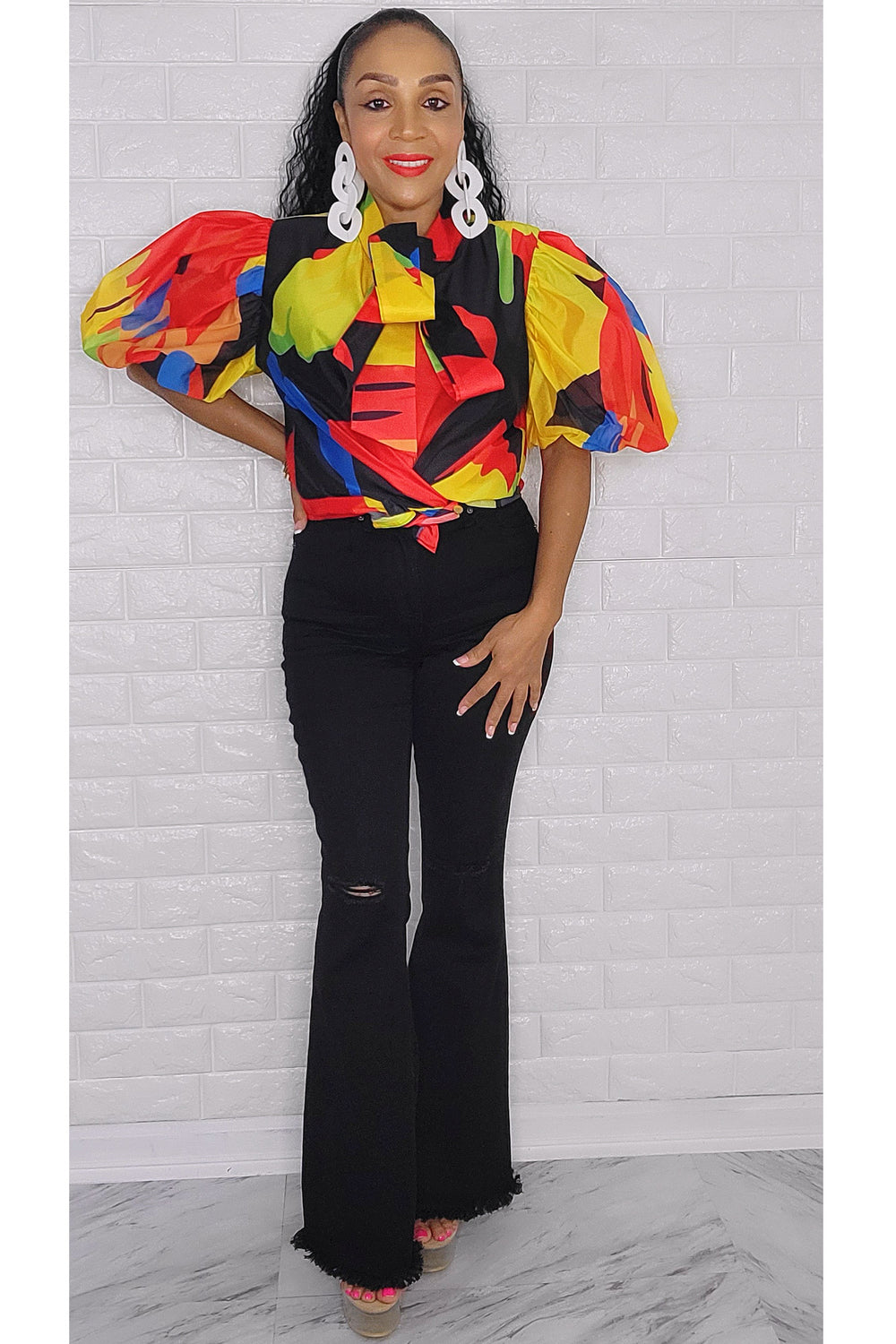 100422 Picasso Print Boo Ties Buttons Down Top