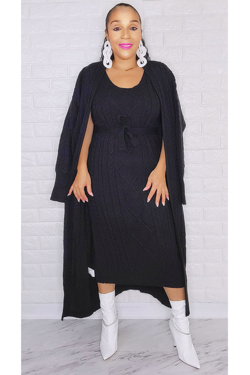 121522 Black Belted Knitted Dress/Cardigan Set One Set Fit All