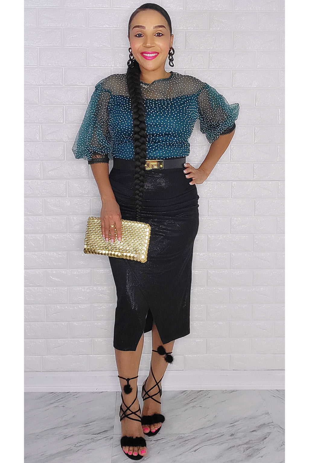 112222 Emerald Green Polka Dot Print Midi Dress
